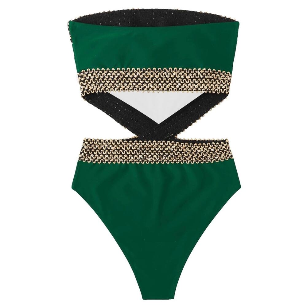 Militia Women Green Cutout One Piece Swimsuit High Waist Strappy S NWT - Picture 5 of 9